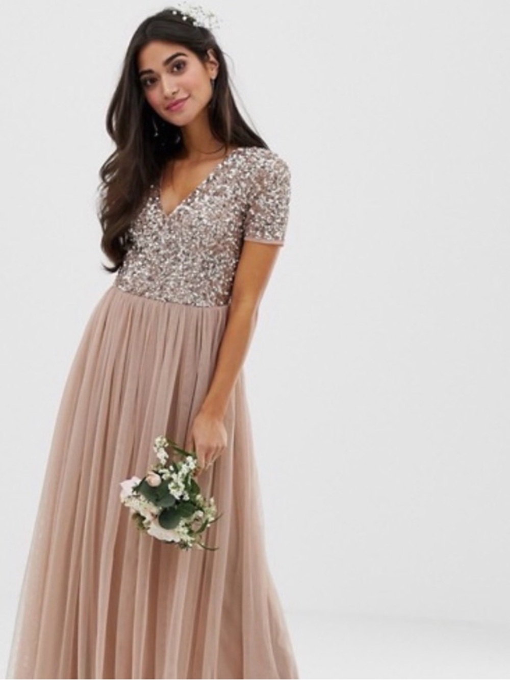 ASOS Maya Sequin & Tulle Maxi Dress in Taupe Blush - Fits like a 0P